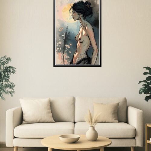Sensual Female Profile Nude Art Print – Ethereal Ink & Pastel Illustration picture