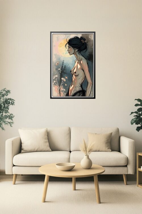 Sensual Female Profile Nude Art Print – Ethereal Ink & Pastel Illustration picture