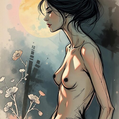 Sensual Female Profile Nude Art Print – Ethereal Ink & Pastel Illustration picture