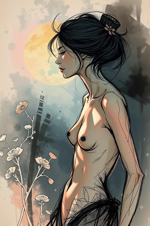 Sensual Female Profile Nude Art Print – Ethereal Ink & Pastel Illustration picture