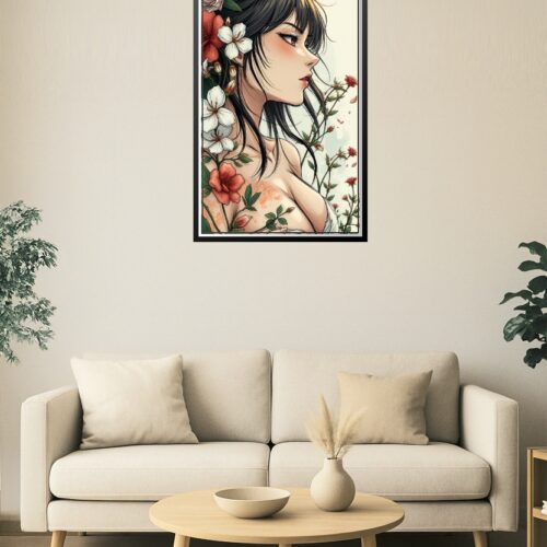 Anime-Inspired Floral Sensual Art Print – Close-Up Female Portrait Illustration picture