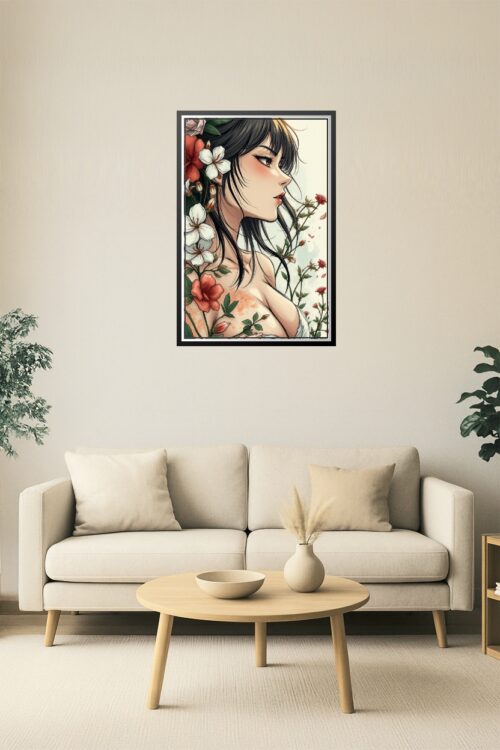 Anime-Inspired Floral Sensual Art Print – Close-Up Female Portrait Illustration picture