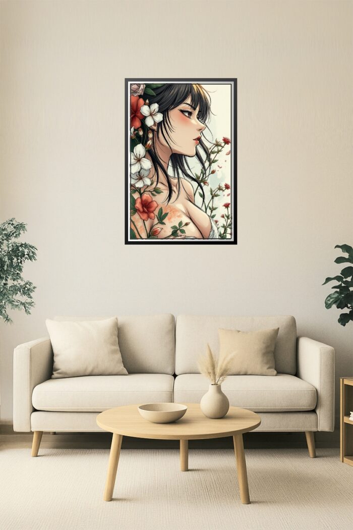 Anime-Inspired Floral Sensual Art Print – Close-Up Female Portrait Illustration picture