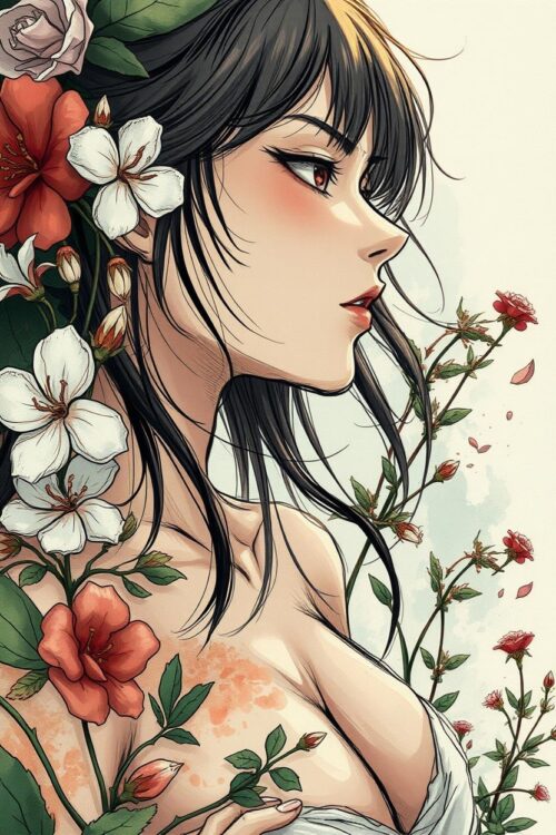 Anime-Inspired Floral Sensual Art Print – Close-Up Female Portrait Illustration picture
