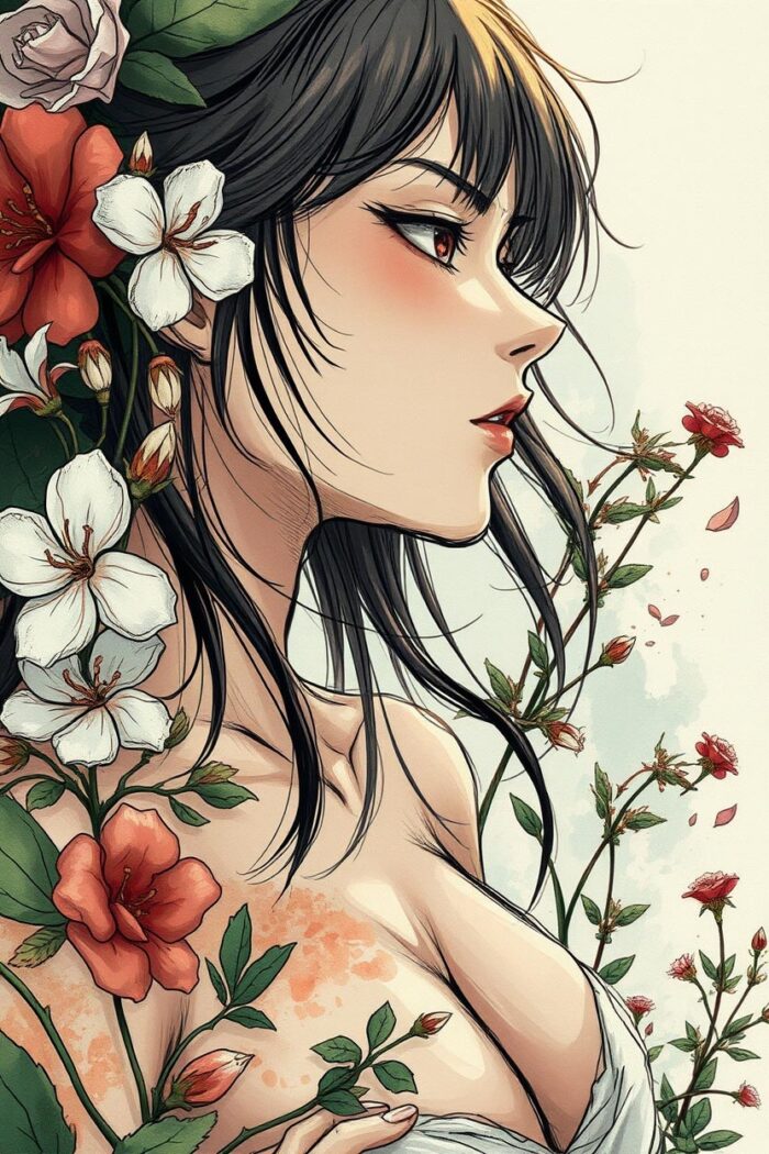 Anime-Inspired Floral Sensual Art Print – Close-Up Female Portrait Illustration picture