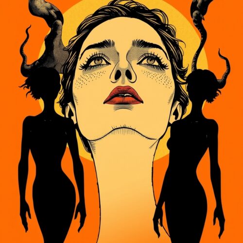 Surreal Goddess Art Print – Bold Feminine Power with Horned Silhouettes & Birds picture