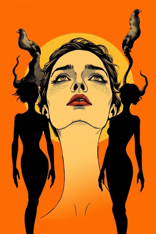 Surreal Goddess Art Print – Bold Feminine Power with Horned Silhouettes & Birds picture