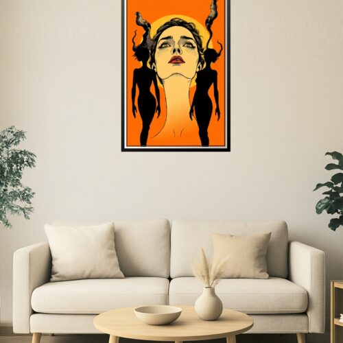 Surreal Goddess Art Print – Bold Feminine Power with Horned Silhouettes & Birds picture
