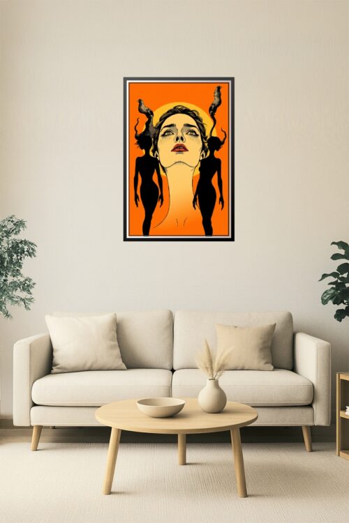 Surreal Goddess Art Print – Bold Feminine Power with Horned Silhouettes & Birds picture