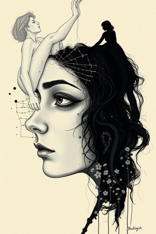 Surreal Black and White Portrait Art Print – Feminine Psyche & Symbolic Expression picture