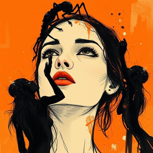 Surreal Nude Silhouette & Insect Fantasy – High-Contrast Orange Art picture