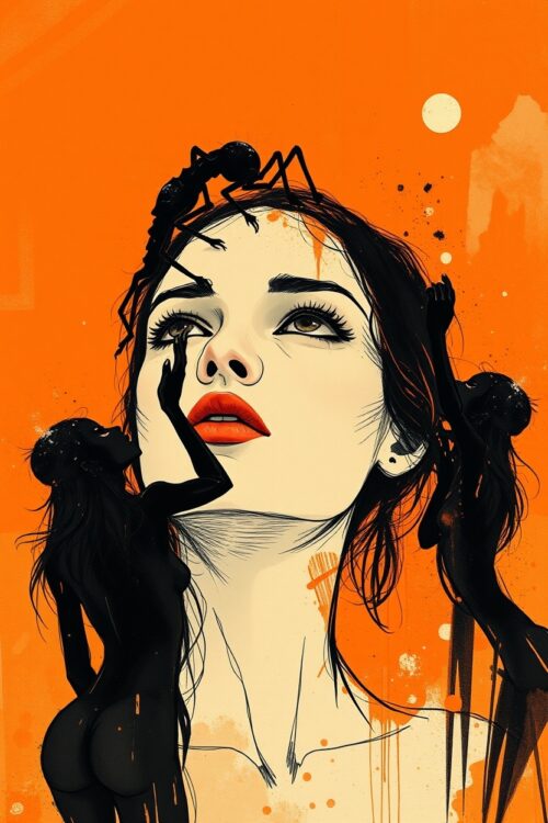 Surreal Nude Silhouette & Insect Fantasy – High-Contrast Orange Art picture