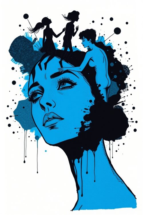 Surreal Blue Female Portrait with Nude Silhouettes – Abstract Ink Fantasy Art picture