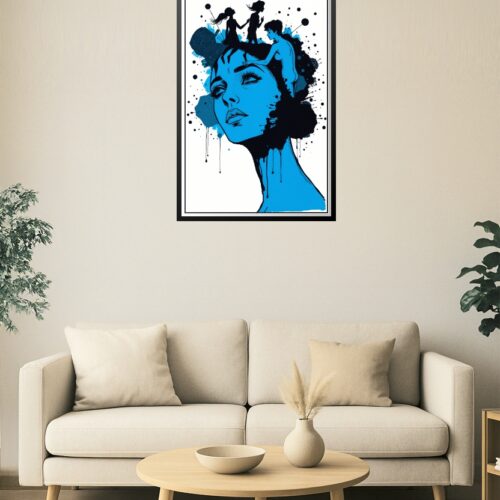 Surreal Blue Female Portrait with Nude Silhouettes – Abstract Ink Fantasy Art picture