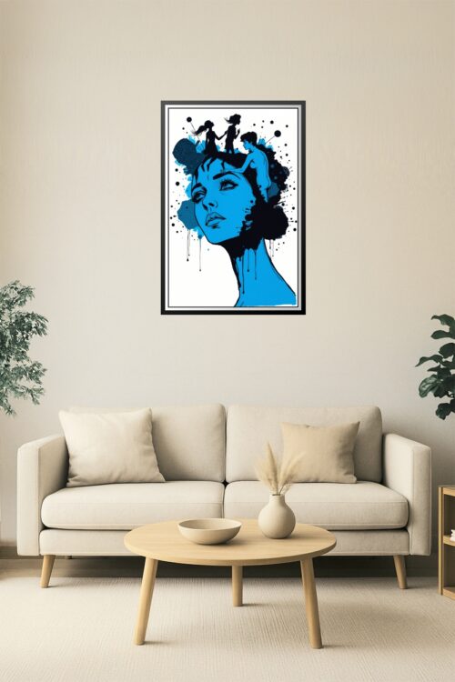 Surreal Blue Female Portrait with Nude Silhouettes – Abstract Ink Fantasy Art picture