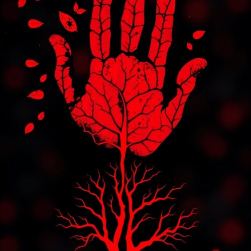 Mystical Red Hand Tree Art – Tribal Leaf Vein Ink Symbol on Black picture