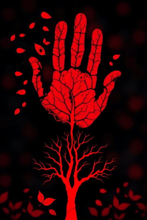 Mystical Red Hand Tree Art – Tribal Leaf Vein Ink Symbol on Black picture