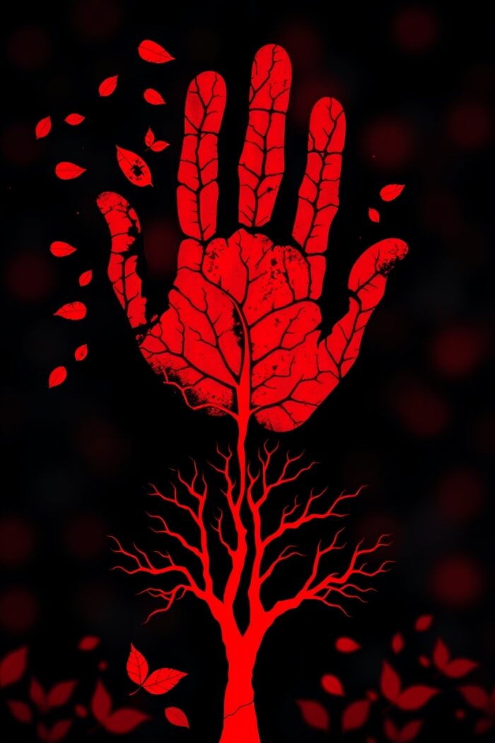 Mystical Red Hand Tree Art – Tribal Leaf Vein Ink Symbol on Black picture