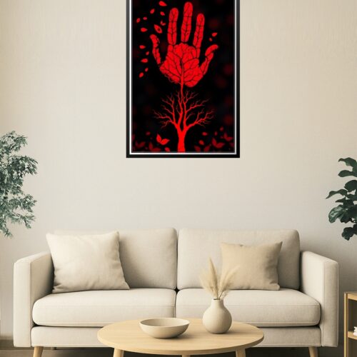 Mystical Red Hand Tree Art – Tribal Leaf Vein Ink Symbol on Black picture