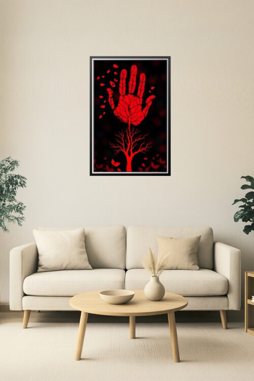 Mystical Red Hand Tree Art – Tribal Leaf Vein Ink Symbol on Black picture