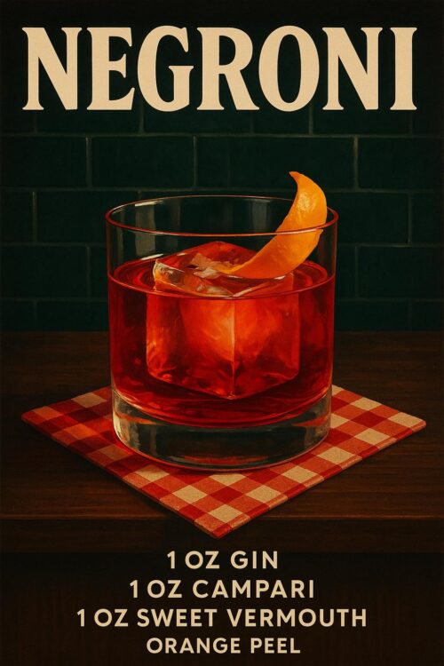Negroni Cocktail Recipe Poster – Vintage Ruby-Red Drink Wall Art picture