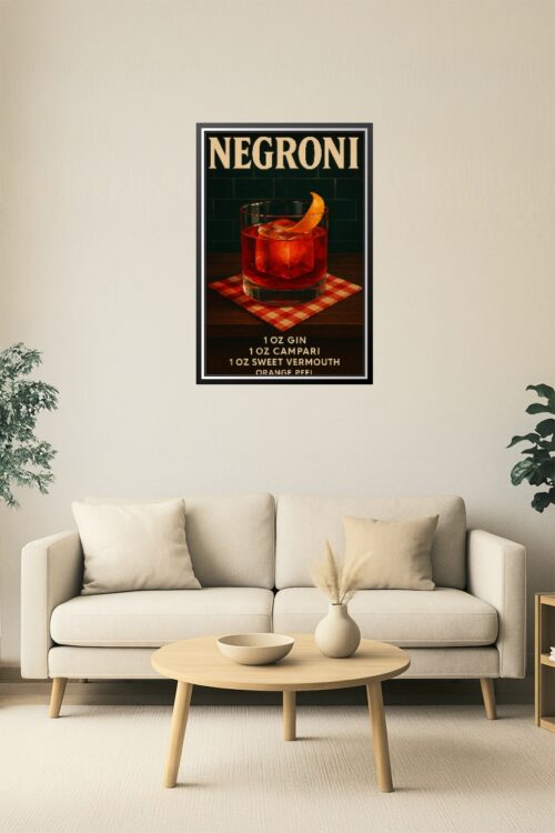 Negroni Cocktail Recipe Poster – Vintage Ruby-Red Drink Wall Art picture