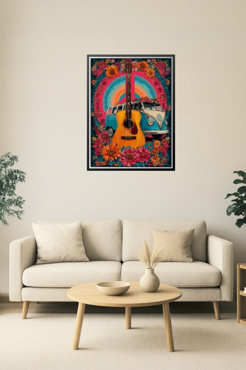 Retro Vibes – Hippie Guitar & Van Floral Peace Poster picture