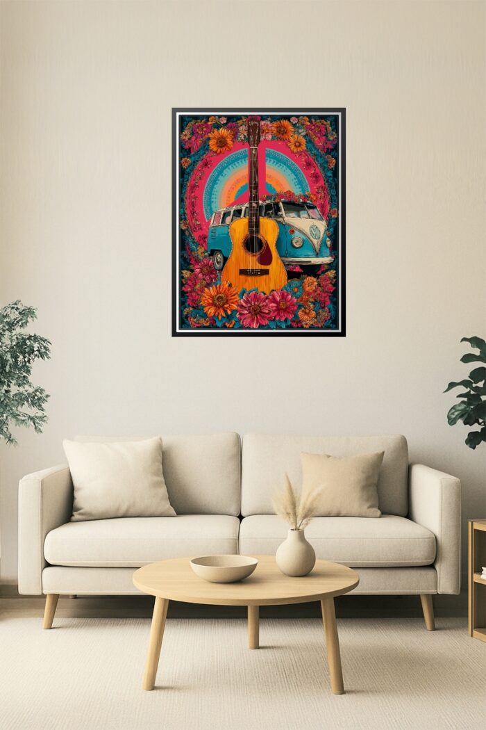 Retro Vibes – Hippie Guitar & Van Floral Peace Poster picture