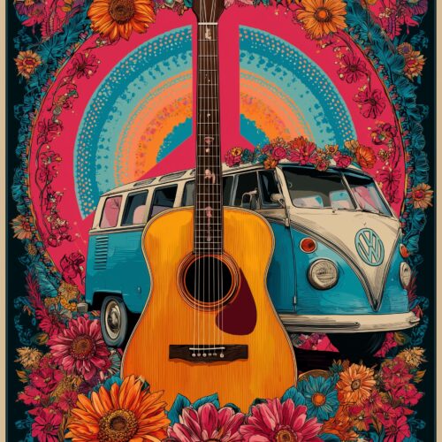 Retro Vibes – Hippie Guitar & Van Floral Peace Poster picture