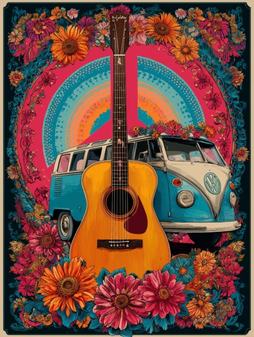 Retro Vibes – Hippie Guitar & Van Floral Peace Poster picture