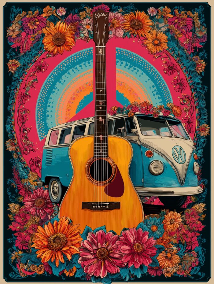Retro Vibes – Hippie Guitar & Van Floral Peace Poster picture