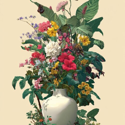 Botanical Harmony – Lush Flower Bouquet in Ceramic Vase Poster picture