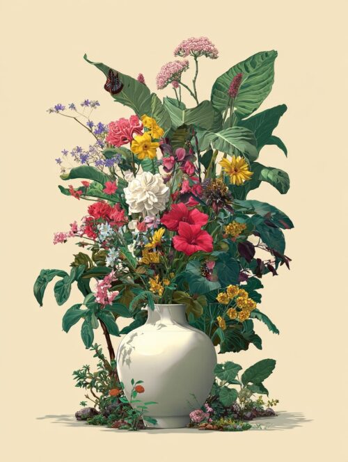 Botanical Harmony – Lush Flower Bouquet in Ceramic Vase Poster picture