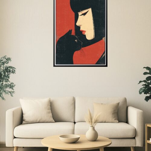 Crimson Companions – Retro Minimalist Woman & Black Cat Poster picture