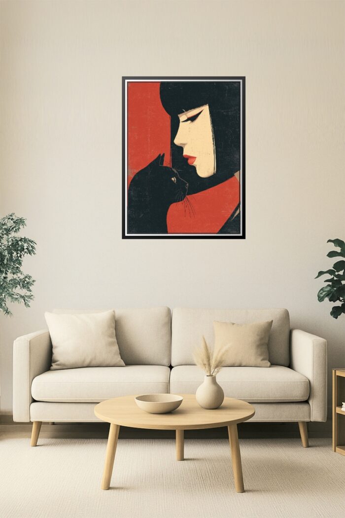 Crimson Companions – Retro Minimalist Woman & Black Cat Poster picture
