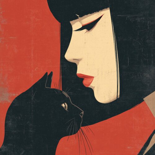 Crimson Companions – Retro Minimalist Woman & Black Cat Poster picture