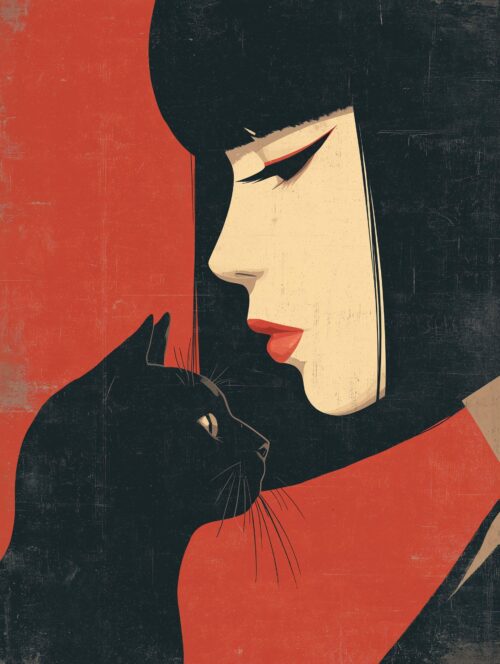 Crimson Companions – Retro Minimalist Woman & Black Cat Poster picture