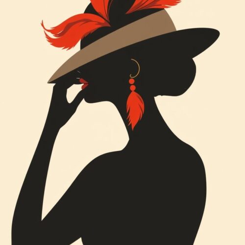 Crimson Elegance – Silhouette Woman with Feathered Hat Poster picture