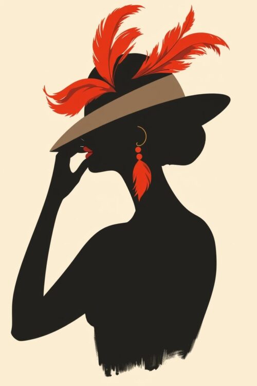 Crimson Elegance – Silhouette Woman with Feathered Hat Poster picture