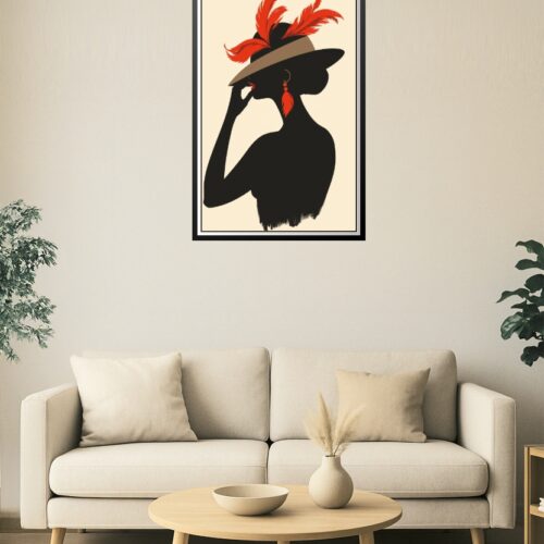Crimson Elegance – Silhouette Woman with Feathered Hat Poster picture