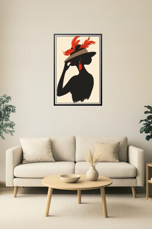 Crimson Elegance – Silhouette Woman with Feathered Hat Poster picture
