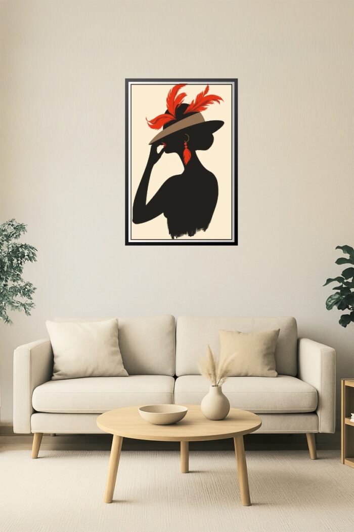 Crimson Elegance – Silhouette Woman with Feathered Hat Poster picture