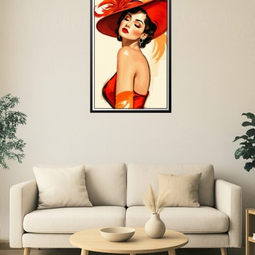 Scarlet Muse – Mid-Century Glamour Woman in Red Feathered Hat Poster picture