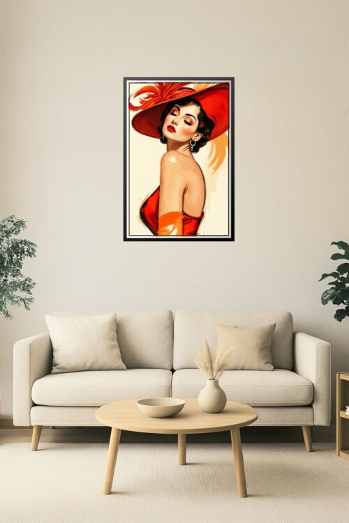 Scarlet Muse – Mid-Century Glamour Woman in Red Feathered Hat Poster picture