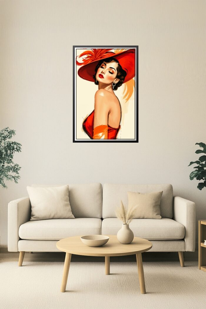 Scarlet Muse – Mid-Century Glamour Woman in Red Feathered Hat Poster picture