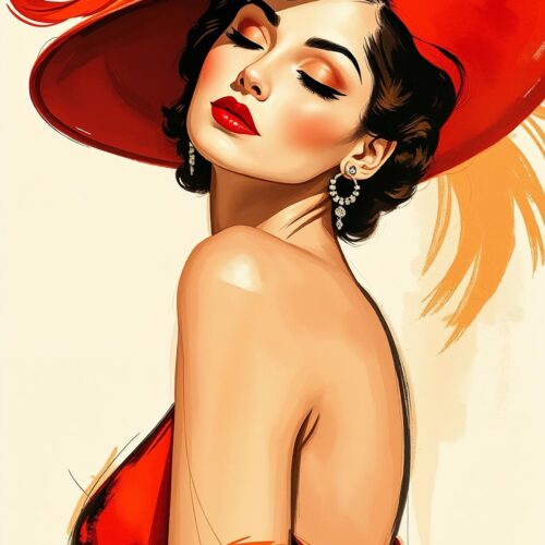 Scarlet Muse – Mid-Century Glamour Woman in Red Feathered Hat Poster picture