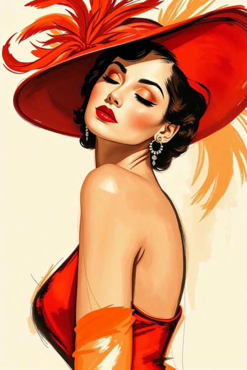 Scarlet Muse – Mid-Century Glamour Woman in Red Feathered Hat Poster picture