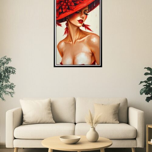 Glamorous Dancer in Red – Oil Painting Poster with Feathered Hat picture