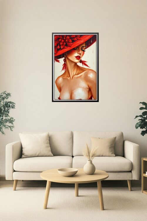 Glamorous Dancer in Red – Oil Painting Poster with Feathered Hat picture