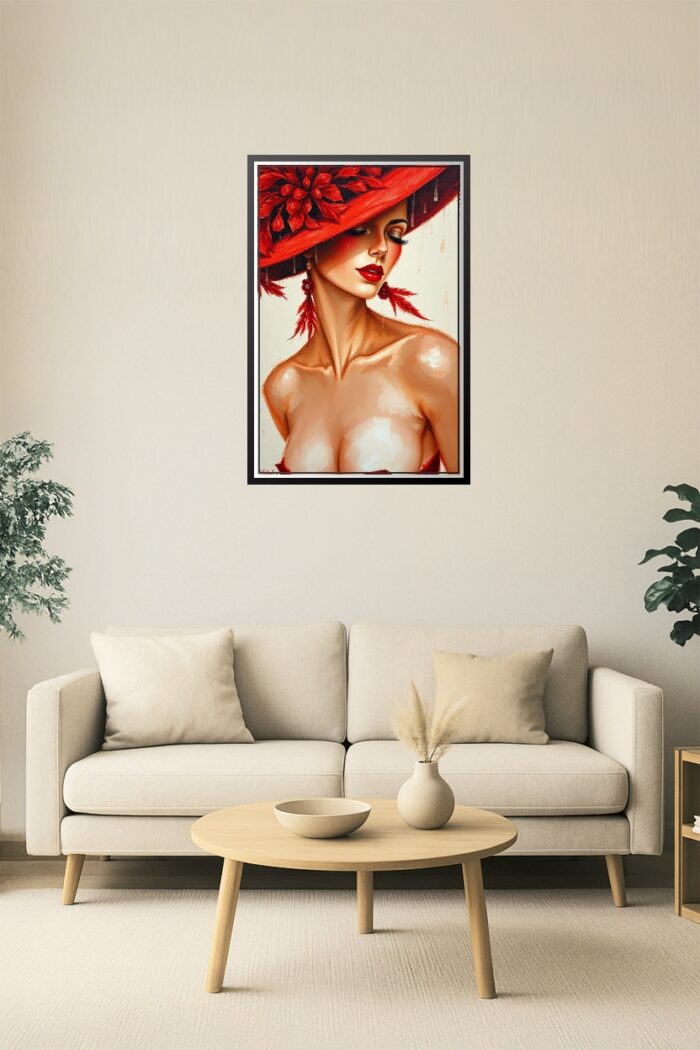 Glamorous Dancer in Red – Oil Painting Poster with Feathered Hat picture